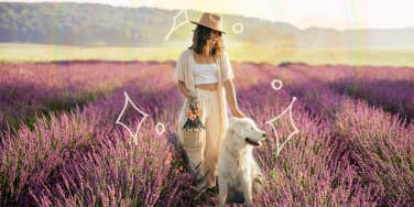 Woman calmly walking in lavender field with her dog 